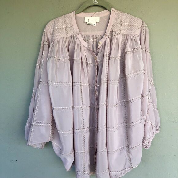 Anthropologie Sarabeth Embroidered Peasant Button Blouse XL Pink Oversized Boho - Picture 4 of 15